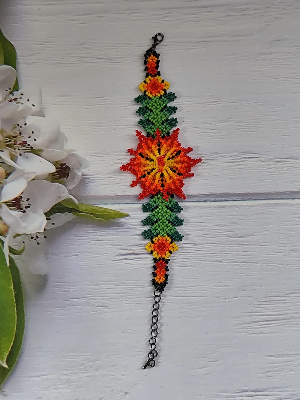 Vibrant Floral Seed Bead Bracelet in Red, Orange & Green